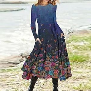 Women's A Line Dress Midi Dress White Black Navy Blue Long Sleeve Floral Pocket Print Fall Spring Round Neck Casual Vacation 2022 S M L XL XXL 3XL miniinthebox