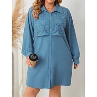 Women's Plus Size Curve Shirt Dress Casual Dress Shift Dress Plain Midi Dress Long Sleeve Lace Button Shirt Collar Fashion Daily Blue Fall Winter XL 2XL 3XL 4XL Lightinthebox - thumbnail