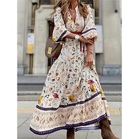 Women's Casual Dress Swing Dress Floral Print Button V Neck Long Dress Maxi Dress Maxi Boho Street Holiday 34 Length Sleeve Loose Fit Apricot Summer Spring S M L XL Lightinthebox - thumbnail