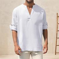 Men's Shirt Linen Shirt Summer Shirt Beach Shirt Cotton Linen Shirt White Cotton Shirt White Yellow Army Green Long Sleeve Plain V Neck Spring Fall Hawaiian Holiday Clothing Apparel Button-Down Lightinthebox