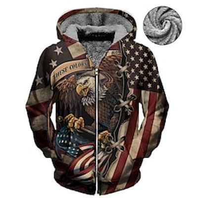 Men's Fleece Jacket Full Zip Hoodie Fleece Hoodie Sherpa Jacket Brown Hooded Graphic Prints Eagle National Flag Zipper Print Sports  Outdoor Daily Sports 3D Print Fleece Streetwear Designer Casual Lightinthebox