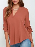 V-neck Casual Loose Solid Color Long-sleeved Blouse