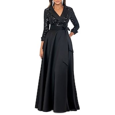 A-Line Evening Gown Elegant Dress Formal Wedding Guest Floor Length 34 Length Sleeve V Neck Pocket Satin with Bow(s) 2023 Lightinthebox