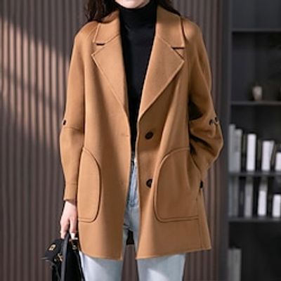 Women's Wool Blend Blazer Winter Coat Single Breasted Lapel Jacket with Pockets Warm Windproof Casual Street Jacket Long Sleeve Black Khaki Dark Navy Camel miniinthebox