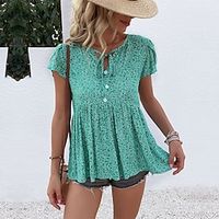 Women's Shirt Blouse Green Floral Lace up Flowing tunic Short Sleeve Holiday Weekend Streetwear Casual V Neck Regular Floral S miniinthebox - thumbnail