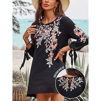 Women's Summer Tops Blouse Embroidered with Tie Black Long Sleeve Crew Neck Summer Lightinthebox