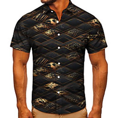 Men's Shirt 3D Print Lattice Graphic Prints Button-Down Short Sleeve Street Tops Casual Fashion Classic Breathable Dark Gray miniinthebox