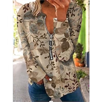 Women's Sweatshirt Flower Patchwork Print V Neck Casual Daily Sports 3D Print Sportswear Casual Hoodies Sweatshirts  Loose Khaki Lightinthebox