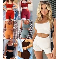 Women's Yoga Suit 2 Piece Solid Color Clothing Suit rice white Black Yoga Fitness Gym Workout Tummy Control Butt Lift Breathable Sport Activewear Stretchy Slim Lightinthebox - thumbnail