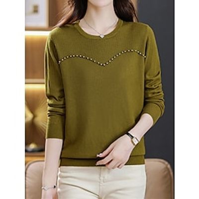 Women's Pullover Sweater Jumper Crew Neck Ribbed Knit Acrylic Beads Fall Winter Regular Outdoor Daily Going out Stylish Casual Soft Long Sleeve Solid Color Black White Camel M L XL Lightinthebox