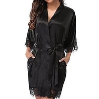 Women's Robes Gown Sets Bathrobes Nighty 1 PCS Pure Color Satin Simple Casual Home Party Wedding Party Spandex Gift Half Sleeve Lace Belt Included Spring Summer White Black miniinthebox - thumbnail