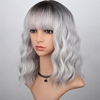 Silver Gray Wavy Wig with Bangs for WomenOmbre Grey Wigs Shoulder Length Bob Curly Wig Natural Looking Silver White with Dark Roots Synthetic Hair for Daily Party Use Lightinthebox