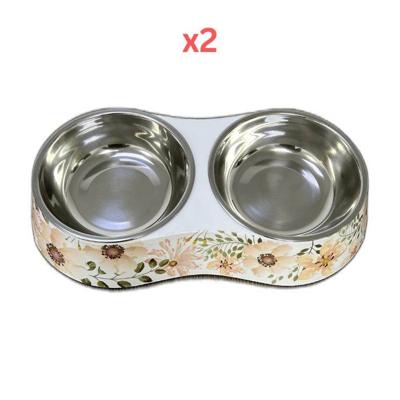 Cozy Paws Double Melamine Bowl White Flower - 28.5X13.5X6Cm (Pack of 2)