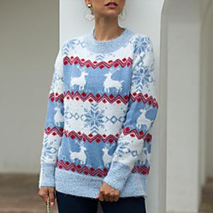 Women's Pullover Sweater Knitted Argyle Animal Stylish Christmas Long Sleeve Sweater Cardigans Crew Neck Fall Winter Blue Blushing Pink Khaki / Going out miniinthebox