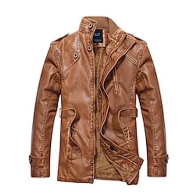Men's Faux Leather Jacket Fleece Jacket Biker Jacket Outdoor Daily Wear Warm Pocket Fall Winter Plain Fashion Streetwear Stand Collar Regular Black Yellow Brown Dark Blue Jacket Lightinthebox