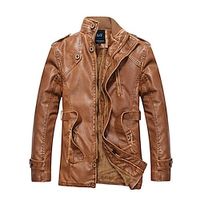 Men's Faux Leather Jacket Fleece Jacket Biker Jacket Outdoor Daily Wear Warm Pocket Fall Winter Plain Fashion Streetwear Stand Collar Regular Black Yellow Brown Dark Blue Jacket Lightinthebox - thumbnail