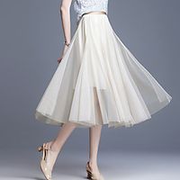 Women's Holiday Vacation Basic Streetwear Calf-Length Skirts Solid Colored Layered Pleated Beige miniinthebox - thumbnail