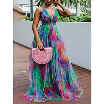 Women's Plus Size Casual Dress Swing Dress Slip Dress Tie Dye Long Dress Maxi Dress Sleeveless Mesh Print Strap Fashion Daily Red Blue Spring Summer XL XXL 3XL 4XL 5XL Lightinthebox