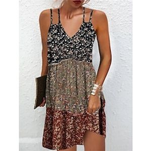 Women's Casual Dress Floral Dress Summer Dress Floral Patchwork Print Strap Mini Dress Tropical Fashion Outdoor Daily Sleeveless Regular Fit Wine Summer Spring S M L XL XXL Lightinthebox