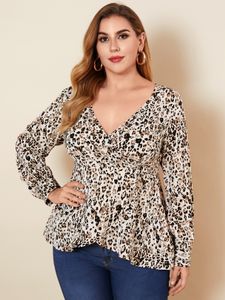 YOINS Plus Size V-neck Leopard Wrap Design Long Sleeves Blouse