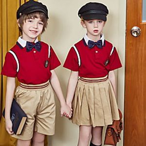 Back to School Kids Girls' T-shirt  Shorts Clothing Set 2 Pieces Short Sleeve Red(Girl) Red(Boy) Red Flag Print School Uniforms Back to School Basic Sports Regular Above Knee 3-13 Years miniinthebox