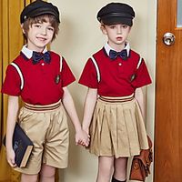 Back to School Kids Girls' T-shirt  Shorts Clothing Set 2 Pieces Short Sleeve Red(Girl) Red(Boy) Red Flag Print School Uniforms Back to School Basic Sports Regular Above Knee 3-13 Years miniinthebox - thumbnail