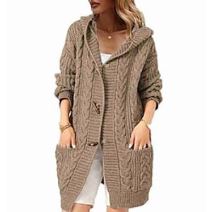 Women's Cardigan Sweater Jumper Cable Knit Knitted Button Pure Color Hooded Stylish Casual Daily Holiday Fall Winter Black Khaki S M L / Cotton / Long Sleeve miniinthebox