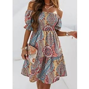 Women's A Line Dress Short Mini Dress Rainbow Half Sleeve Print Ruched Cold Shoulder Print Spring Summer Off Shoulder Stylish Modern 2022 S M L XL 2XL 3XL Lightinthebox