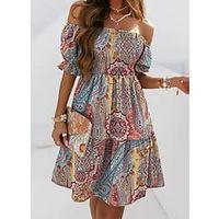 Women's A Line Dress Short Mini Dress Rainbow Half Sleeve Print Ruched Cold Shoulder Print Spring Summer Off Shoulder Stylish Modern 2022 S M L XL 2XL 3XL Lightinthebox - thumbnail