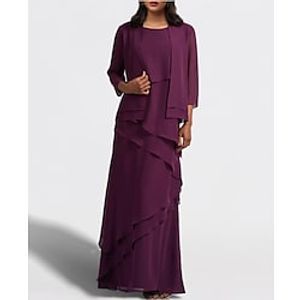 Two Piece A-Line Mother of the Bride Dress Elegant Jewel Neck Floor Length Chiffon Sleeveless Wrap Included with Cascading Ruffles Solid Color 2022 Lightinthebox