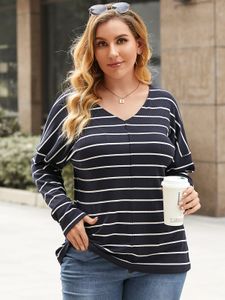 YOINS Plus Size V-neck Striped Ribbed Knit Long Sleeves Tee