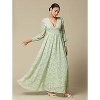 Women's Hem Maxi Green Long Sleeve Flower / Floral Jacquard Spring Fall V Neck DressesSkirts Maxi Dress Vacation S M L Lightinthebox