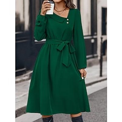 Women's Winter Dress Casual Dress Plain Dress Midi Dress Lace up Button Daily Date Going out Active Fashion V Neck Long Sleeve 2023 Loose Fit Black Navy Blue Green Color S M L XL Size Lightinthebox