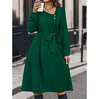 Women's Winter Dress Casual Dress Plain Dress Midi Dress Lace up Button Daily Date Going out Active Fashion V Neck Long Sleeve 2023 Loose Fit Black Navy Blue Green Color S M L XL Size Lightinthebox - thumbnail