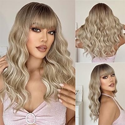 Blonde Wig with Bangs Dirty Blonde Wig for Women Long Wavy Curly Ombre Wig Heat Resistant Fiber Synthetic Wig for Daily Party Use miniinthebox
