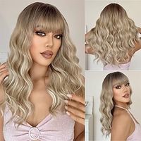 Blonde Wig with Bangs Dirty Blonde Wig for Women Long Wavy Curly Ombre Wig Heat Resistant Fiber Synthetic Wig for Daily Party Use miniinthebox - thumbnail