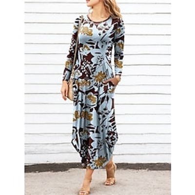 Women's Casual Dress SpringDress Floral Color Block Print Pocket Crew Neck Long Dress Maxi Dress Streetwear Maxi Street Holiday Long Sleeve Regular Fit Navy Blue Blue Khaki Spring S M L XL XXL Lightinthebox