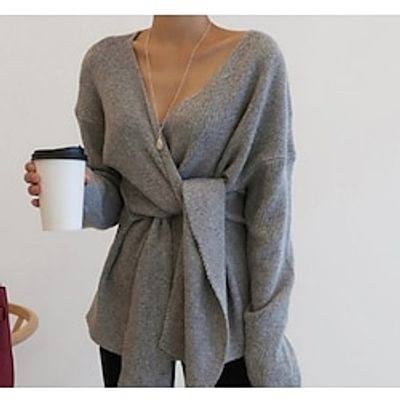 Women's Pullover Sweater jumper Jumper Crochet Knit Cropped Knitted Solid Color V Neck Casual Daily Holiday Fall Winter Gray S M L  Long Sleeve Lightinthebox