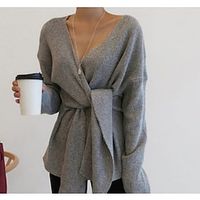Women's Pullover Sweater jumper Jumper Crochet Knit Cropped Knitted Solid Color V Neck Casual Daily Holiday Fall Winter Gray S M L  Long Sleeve Lightinthebox - thumbnail