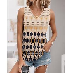 Women's Tank Top Vest Geometric Vacation Print Khaki Sleeveless Vintage Ethnic Boho V Neck Summer Lightinthebox