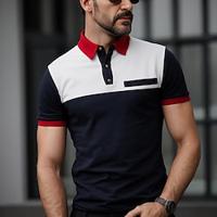 Men's Polo Golf Shirt Business Casual Classic Short Sleeve Fashion Color Block Patchwork Button Summer Spring Regular Fit Navy Blue Polo Lightinthebox