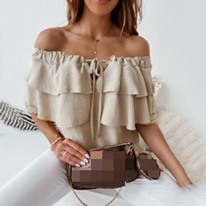 Women's Shirt Going Out Tops Blouse Concert Tops White Blue Khaki Plain Lace up Ruffle Short Sleeve Daily Weekend Streetwear Casual Off Shoulder Regular S miniinthebox