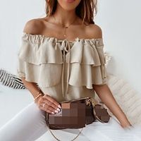 Women's Shirt Going Out Tops Blouse Concert Tops White Blue Khaki Plain Lace up Ruffle Short Sleeve Daily Weekend Streetwear Casual Off Shoulder Regular S miniinthebox - thumbnail