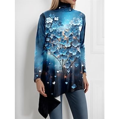 Women's Shirt Blouse Floral Pink Blue Purple Print Asymmetric Hem Long Sleeve Casual Holiday Fashion High Neck Regular Fit Spring   Fall Lightinthebox