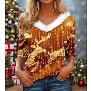 Christmas Shirt Women's T shirt Tee Reindeer Sparkly Yellow Red Blue Print Long Sleeve Party Christmas Weekend Festival  Holiday Fur Collar Regular Fit Fall  Winter Lightinthebox