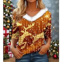 Christmas Shirt Women's T shirt Tee Reindeer Sparkly Yellow Red Blue Print Long Sleeve Party Christmas Weekend Festival  Holiday Fur Collar Regular Fit Fall  Winter Lightinthebox - thumbnail