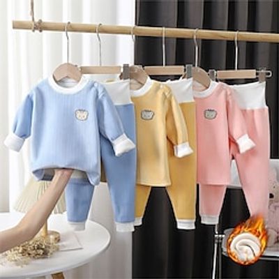 Toddler Boys 2 Pieces Pajama Set Long Sleeve Double-sided velvet-grey Double-sided velvet-pink Double-sided velvet-sky blue Solid Color Cartoon Crewneck Spring Fall Adorable Home 3-7 Years Lightinthebox