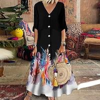 Women's Casual Dress A Line Dress Long Dress Maxi Dress Black Long Sleeve Print Button Winter Fall V Neck Vacation Winter Dress Weekend Fall Dress Loose Fit 2023 S M L XL XXL 3XL 4XL 5XL miniinthebox - thumbnail