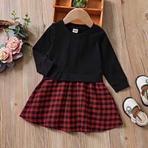 1 PC Baby Girls' Vintage Casual  Daily Festival Cotton Black  Red Plaid Patchwork non-printing Long Sleeve Above Knee Dress Black  Fall  Winter  Spring Lightinthebox