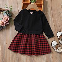 1 PC Baby Girls' Vintage Casual  Daily Festival Cotton Black  Red Plaid Patchwork non-printing Long Sleeve Above Knee Dress Black  Fall  Winter  Spring Lightinthebox - thumbnail